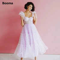 booma lavender hearty tulle midi prom dresses sweetheart ruffle sleeves corset bustier tea length a line wedding party dresses