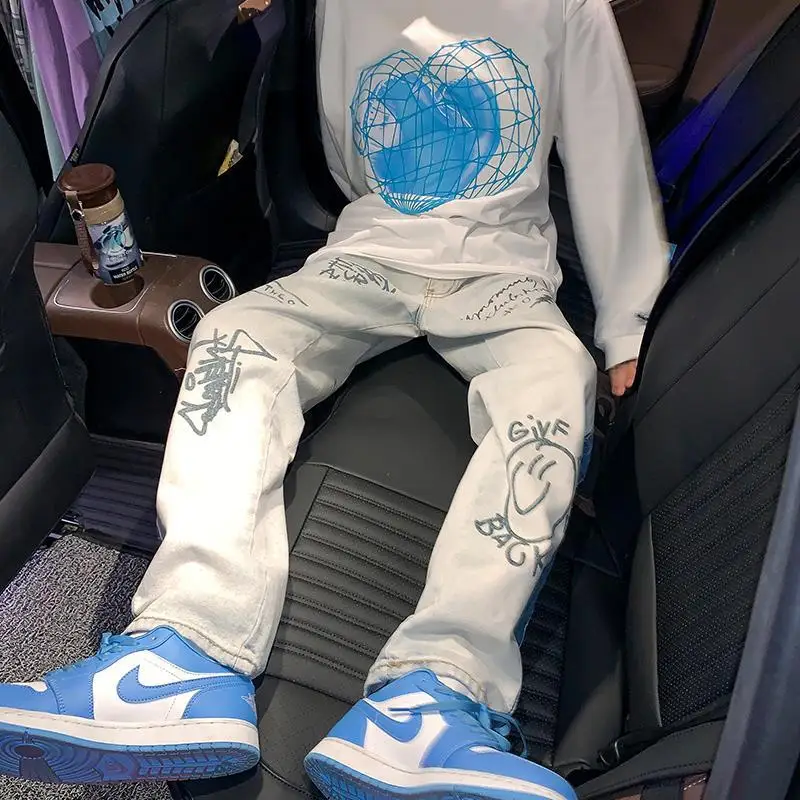 Модные оригинальные рваные мужские и женские джинсовые брюки с граффити в