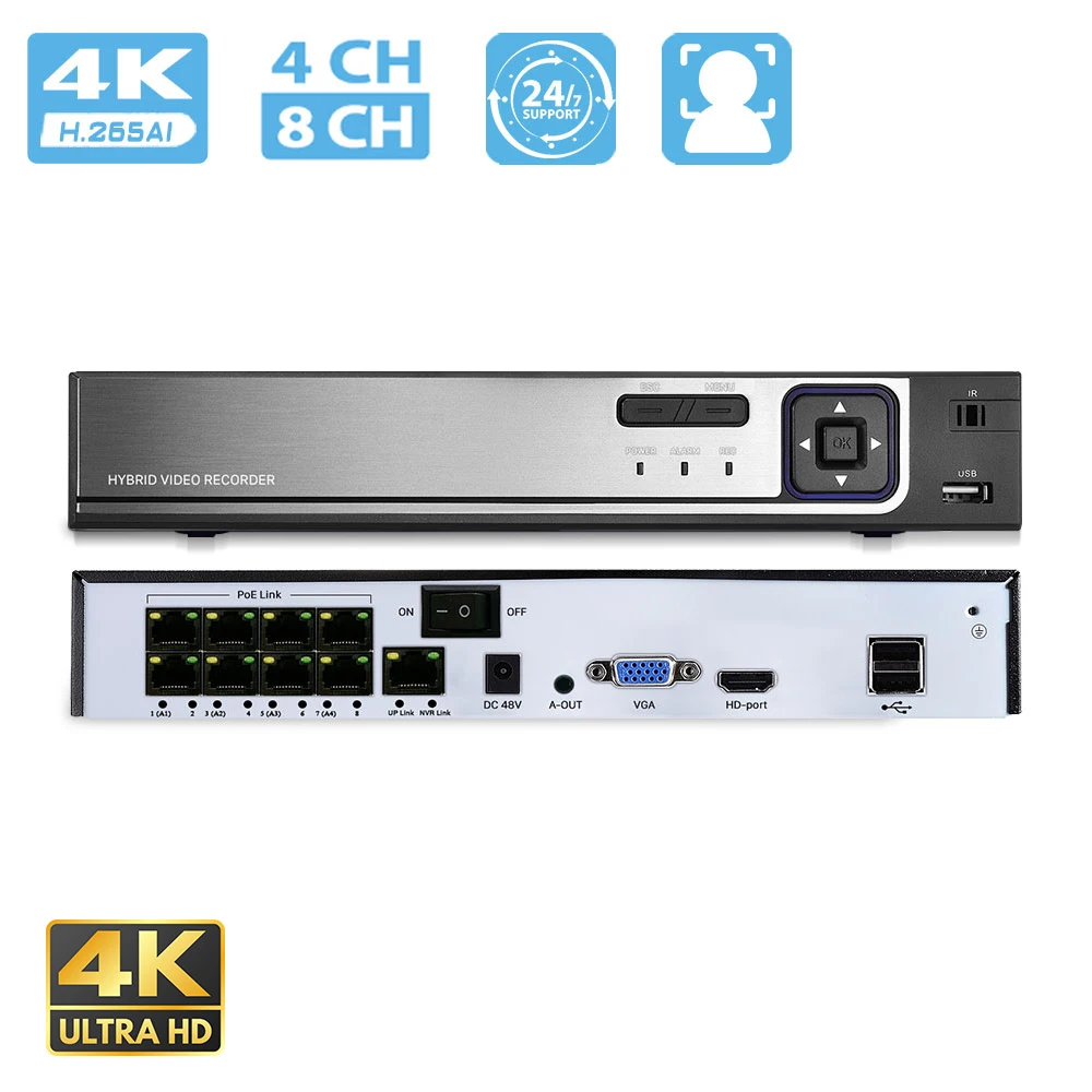 BESDER 4K 8CH CCTV POE NVR Поддержка распознавания лиц H.265 Сетевой видеорегистратор Onvif 1 HDD
