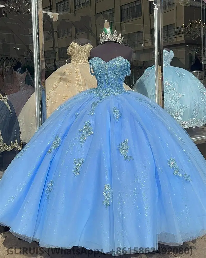 

Sky Blue Off The Shouler Ball Gown Quinceanera Dresses For Girls 2023 Beaded Celebrity Party Gowns Appliques Graduation Vestido