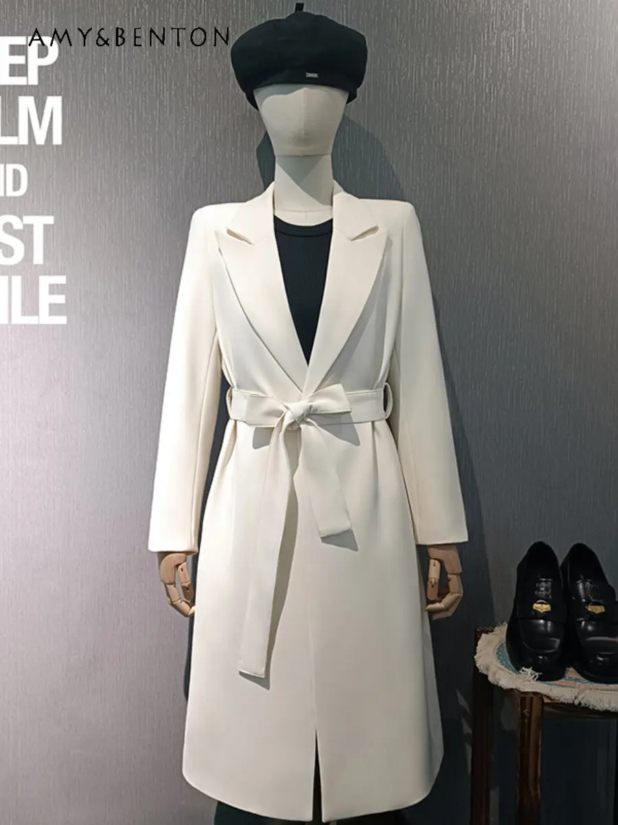 

Beige Long Suit Jacket for Women Lightly Mature Goddess Temperament 2023 Spring and Autumn New Style Waist Trimming Loose Coat