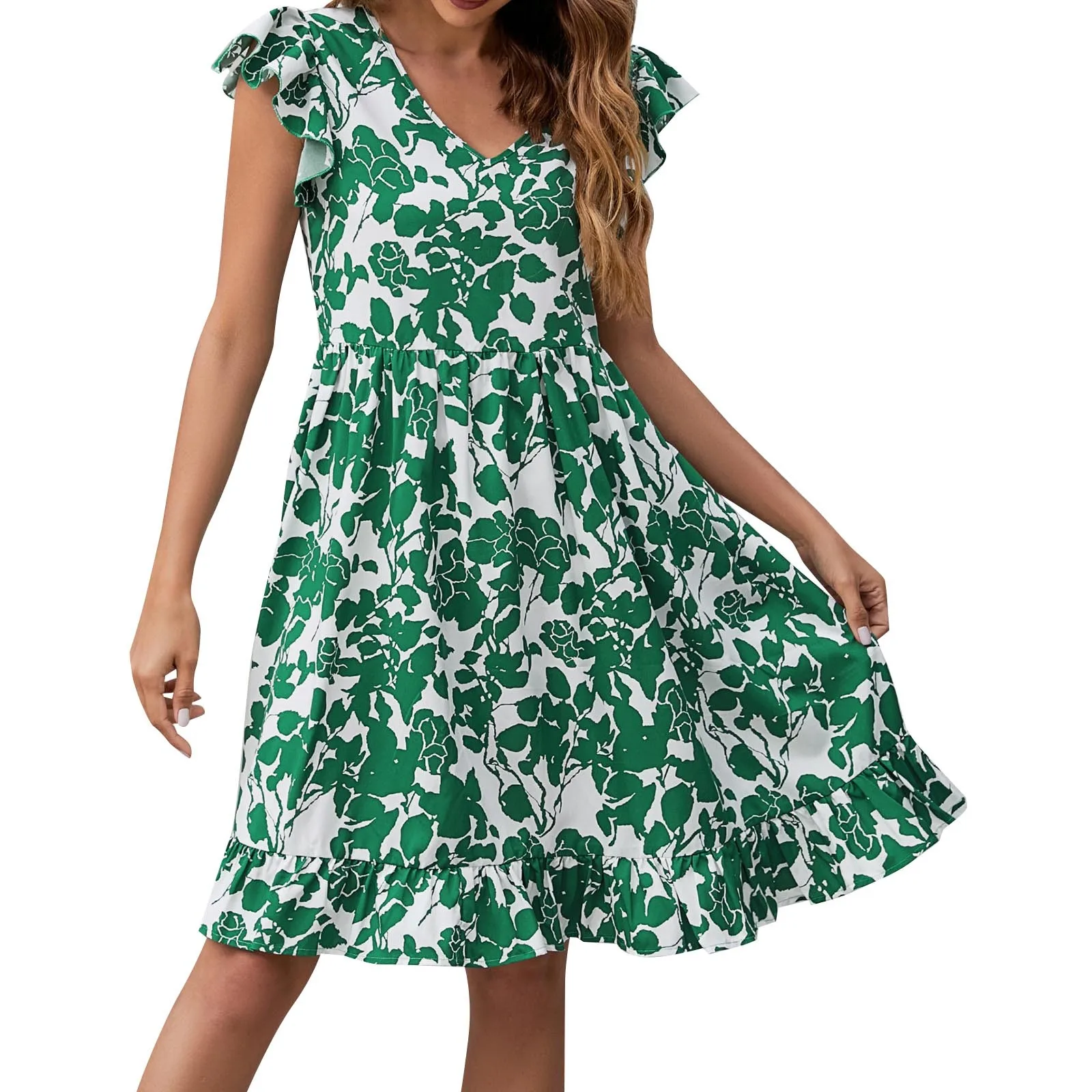 

Women's Short Sleeve Leaf Print V Neck Flying Sleeve Casual Holiday Dress Dress Pants for Women Work Casual