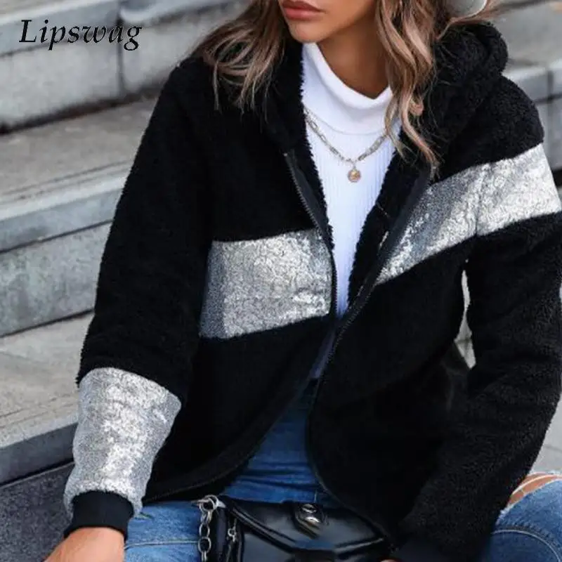 

Autumn Winter Office Casual Patchwork Sequins Cotton Jackets Women Fashion Long Sleeve Outerwear Tops Lady Elegant Hooded Coats