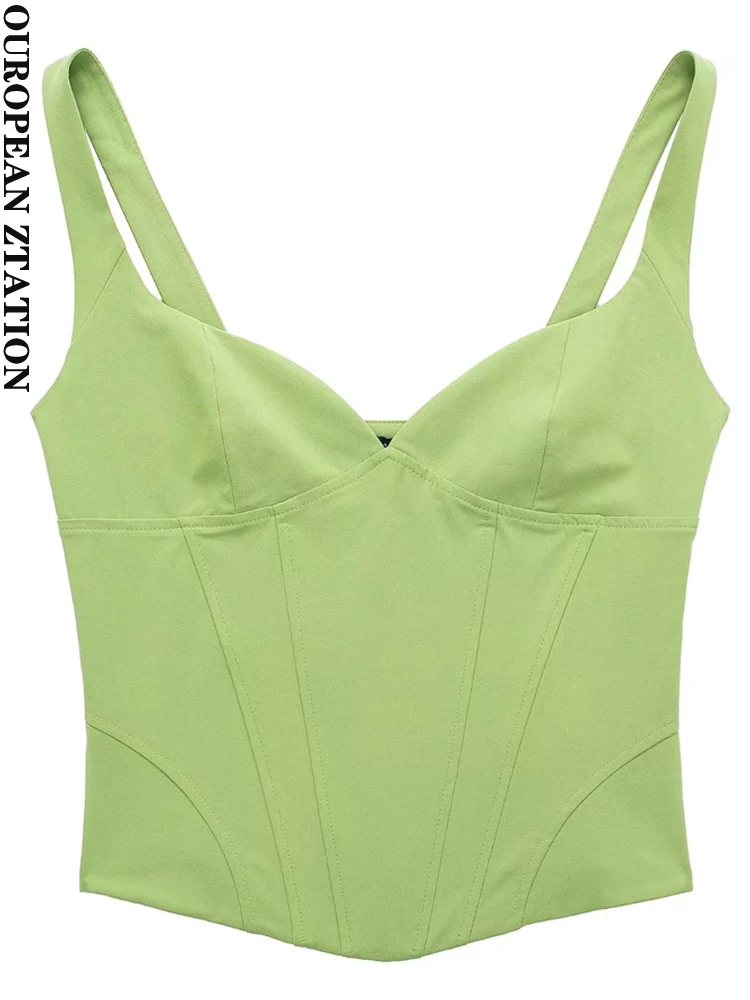 

PAILETE Women 2022 fashion cropped corsetry-inspired top vintage sweetheart neck side zipper wide straps female camis chic tops
