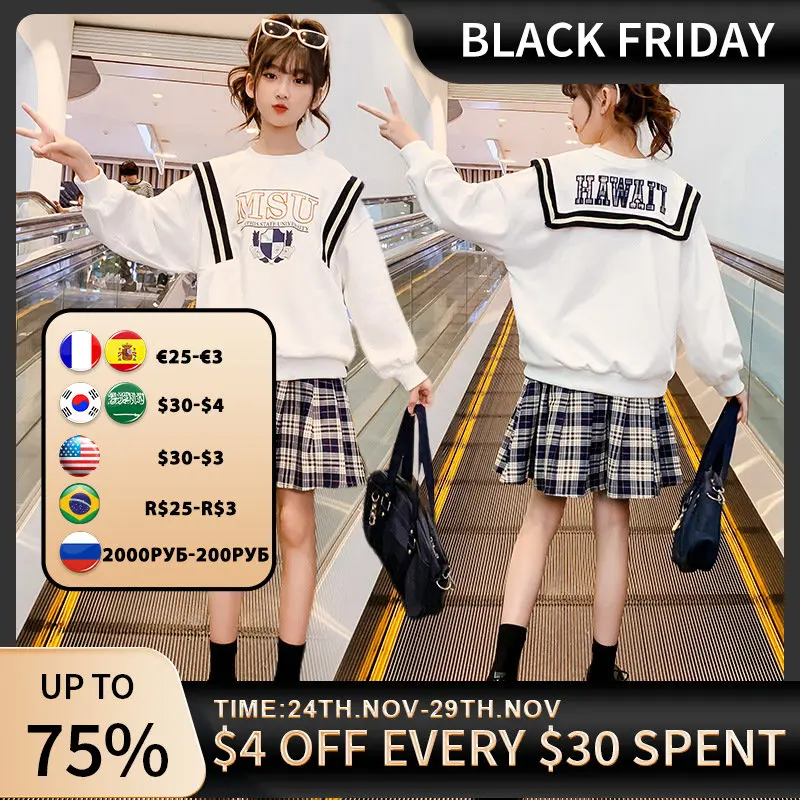 

Japanese School Uniform Kid Girl Suit Sailor JK Basic Plaid Cute Sweet Sweater Long Sleeve Tshirt Skirts sets 3-16Y girl costume