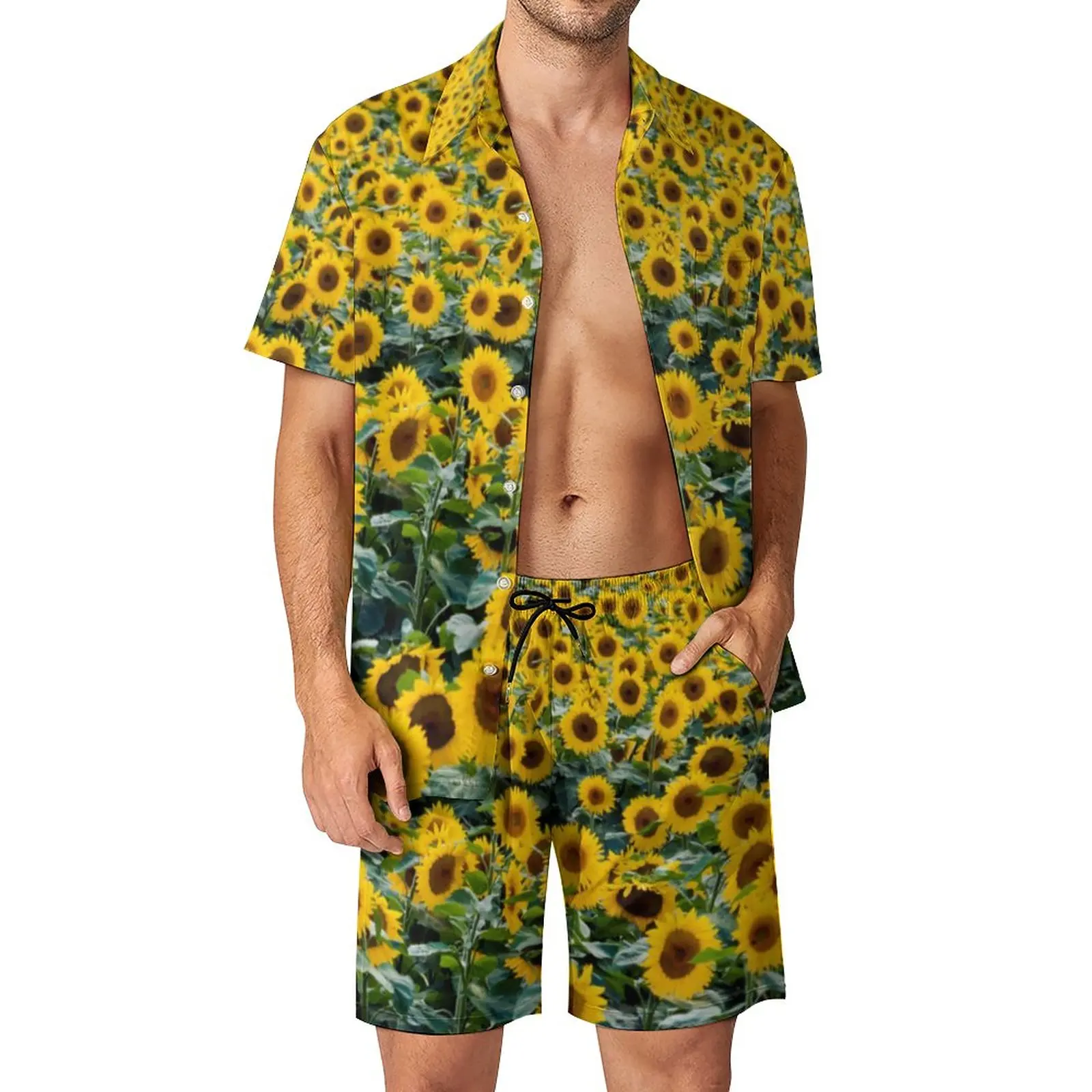 

Field of Sunflower Men Sets Yellow Flowers Print Casual Shirt Set Funny Beach Shorts Summer Graphic Suit Two-piece Clothing 3XL