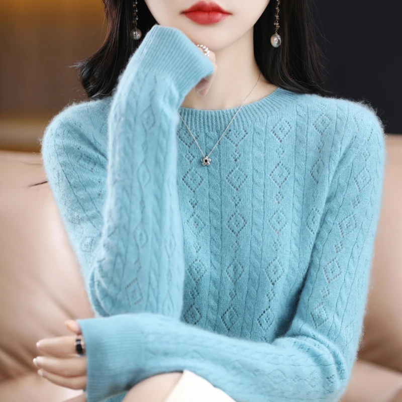 

Women's pullover long-sleeved sweater solid color hollow knit thin O neck 100% wool sweater new in spring and summer Multicolor