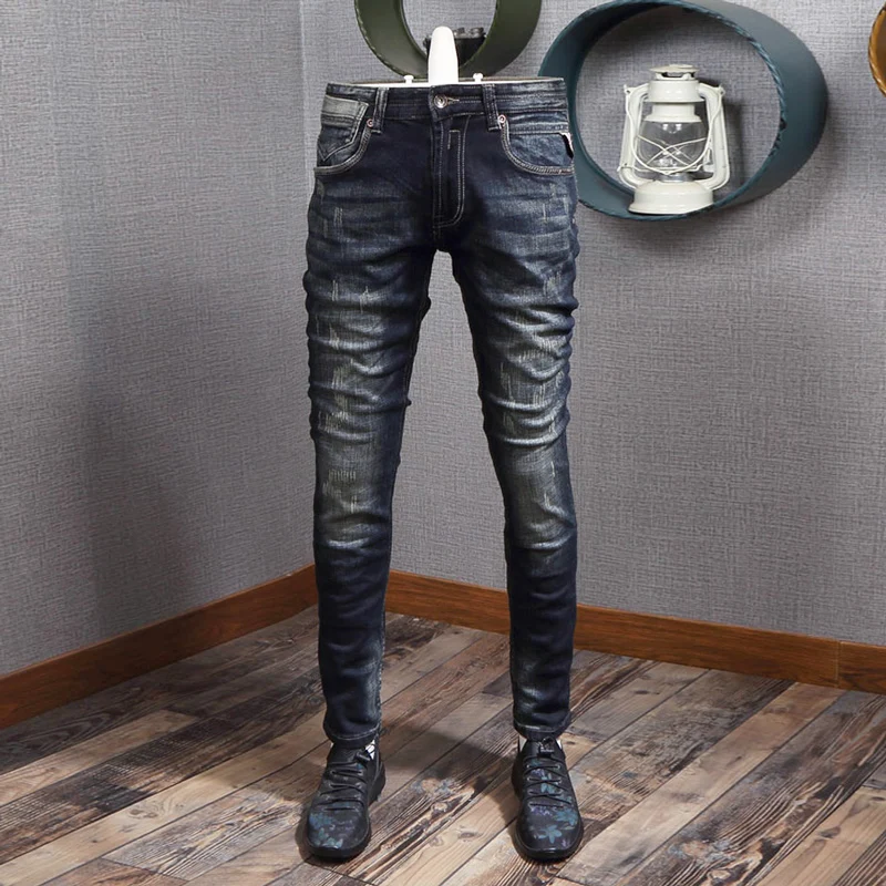 Fashion Designer Men Jeans High Quality Retro Black Blue Stretch Slim Fit Ripped Jeans Men Vintage Casual Denim Pants Hombre