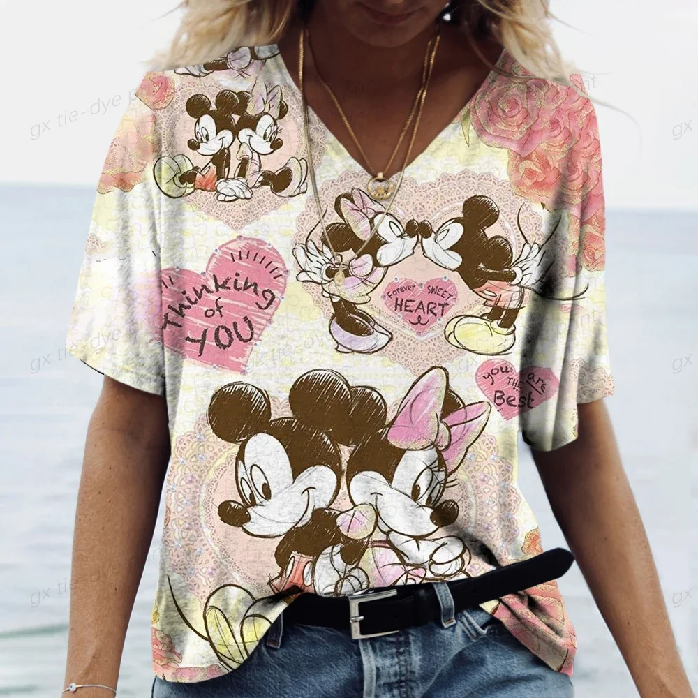 Лето 2023 женская футболка с v-образным вырезом и рисунком Микки Мауса Диснея 3d
