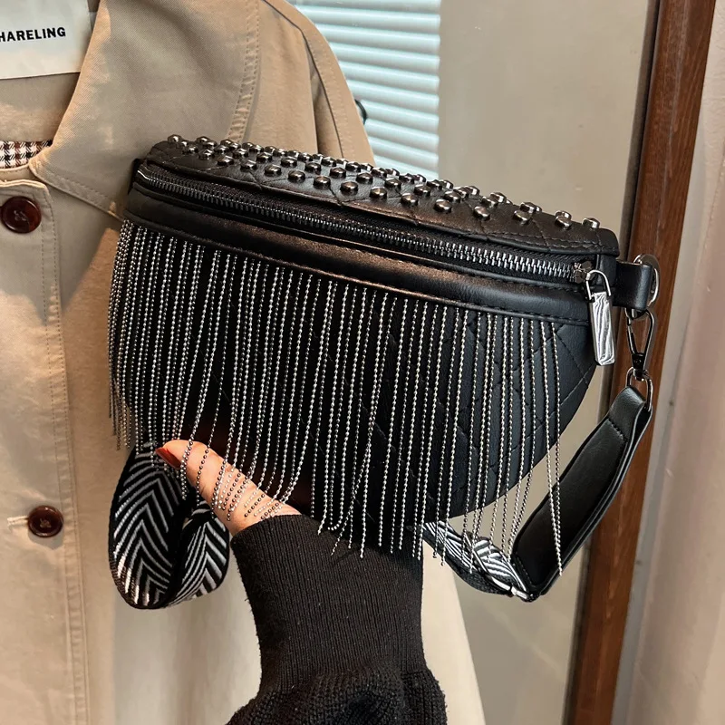 

New Fringed Chest Bag Ins Female Bag Small Rivet Temperament Fanny Pack