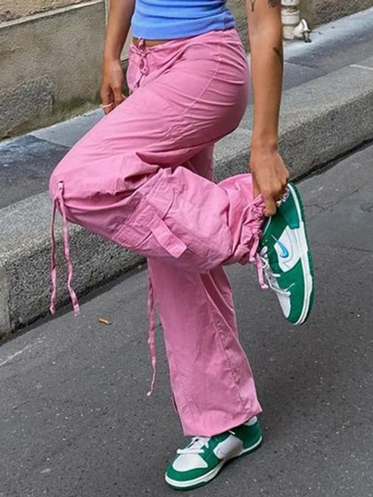 

Pink Drawstring Baggy Pants Low Waist Lace Up Solid Street Style Cargo Trousers Women Shirring Tech Joggers 2022