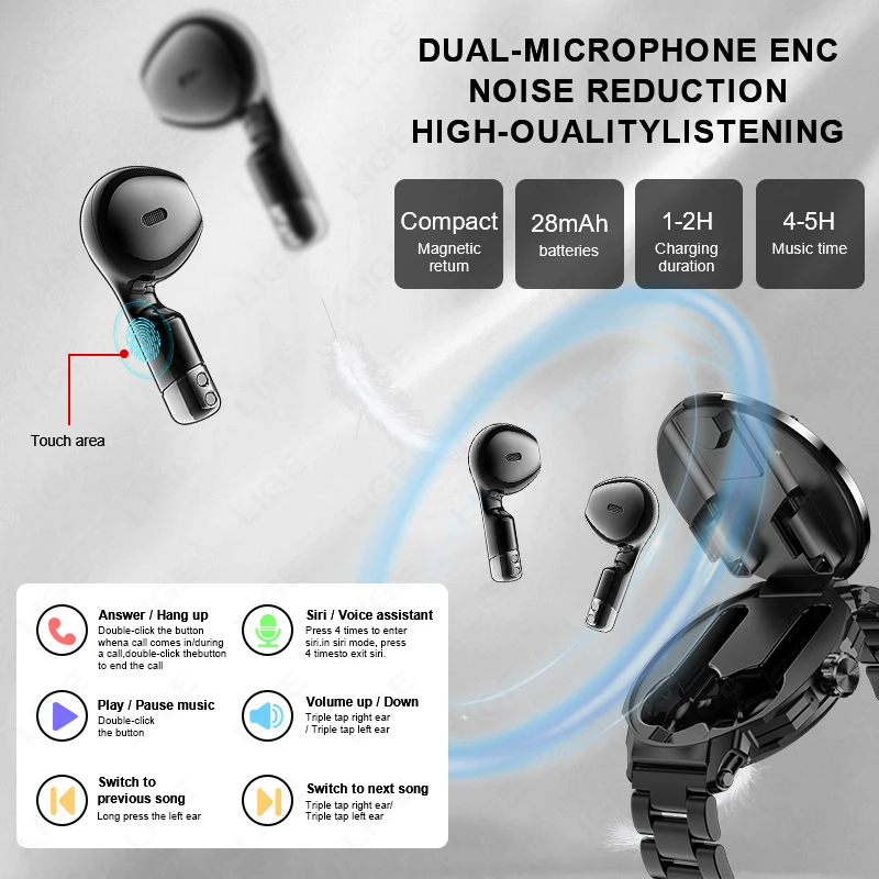 Фото LIGE Новые умные часы 2 в 1, наушники TWS Bluetooth, 1,46 дюйма, NFC, контроль доступа, монитор сердечного ритма и здоровья, мужские умные часы №4
