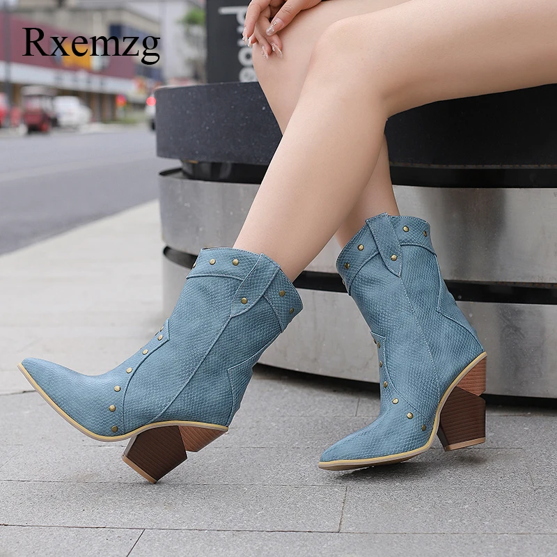 

Rxemzg 2024 Plus Size 48 Fashion Design Chunky High Heels Rivet Pointed Toe Boots Women Cowboy Ankle Boots Concise Western Boots