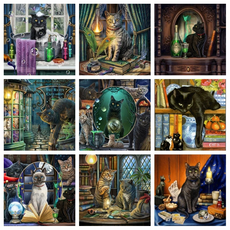 Witches Black Cat Animals Diamond Rhinestones Painting AB Drills Halloween Dark Art Full Square Mosaic Cross Stitch Home Decor