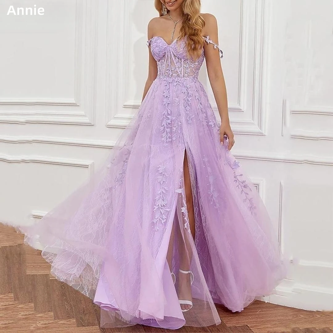 

Annie Lilac Sweetheart Evening Dress Sleeveless Tulle Applique Vestidos De Noche A line Splitفساتين مناسبة رسمية