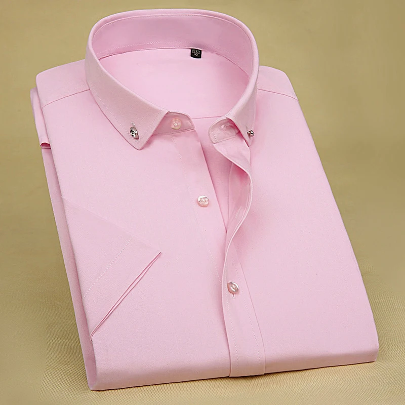 

Summer Men Cute Pink Short Sleeve Bamboo Fiber Shirt Business Formal Dress Shirt Mens Button Up Collar Shirts Party Office Wear