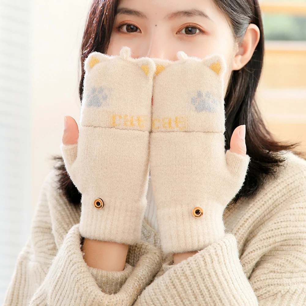 

Women Winter Warm Gloves Thickening Wool Gloves Cute Knitted Flip Fingerless Exposed Finger Thick Gloves Without Fingers Mittens