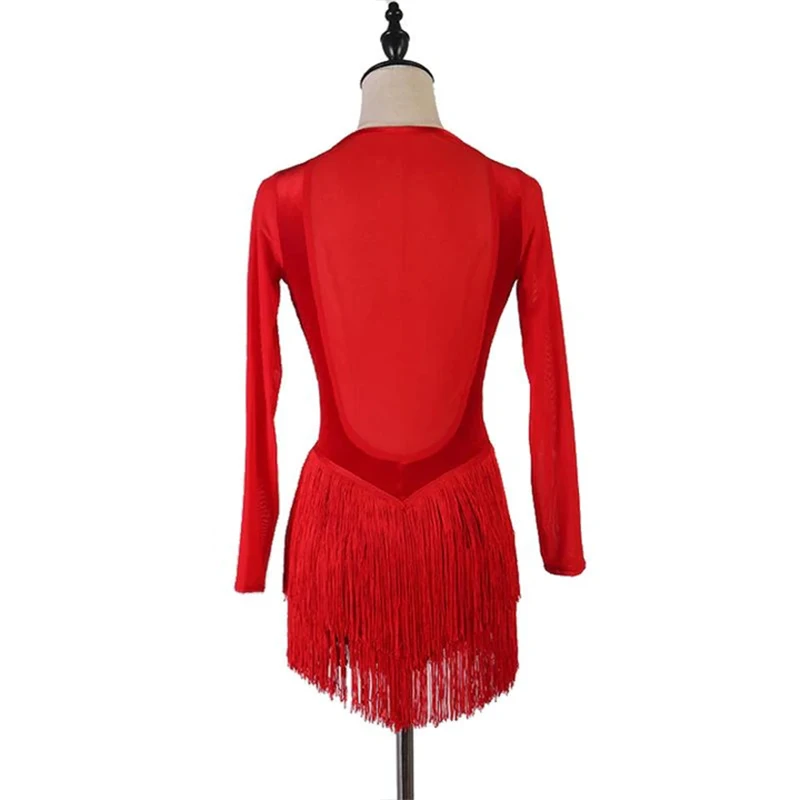 Customisable Latin Dance Women´S Dresses Long Sleeve Sexy See Through Latin Dress Competition Stage Performance Costume Ladies