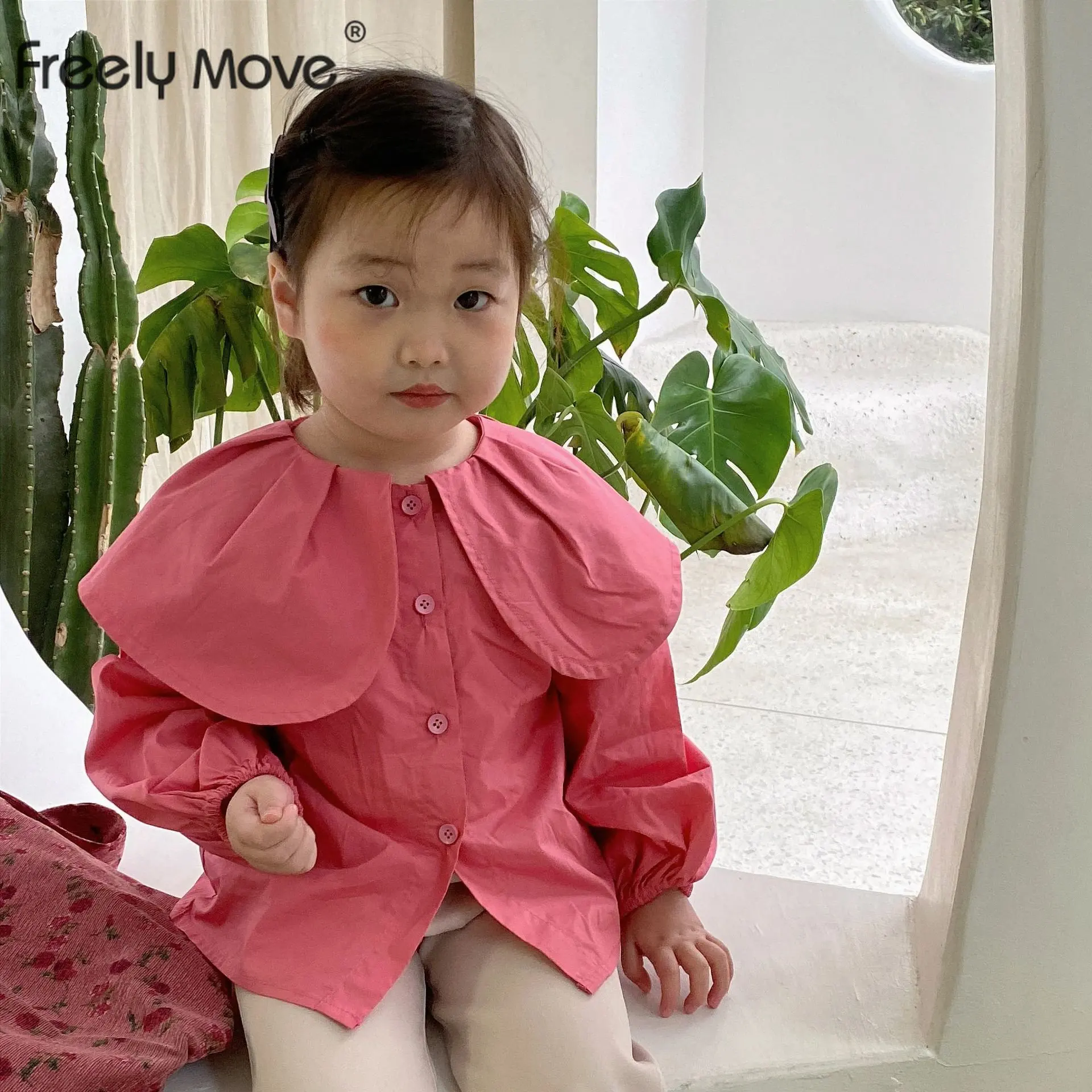 

Freely Move Toddler Kids Girls Sweet Blouses Solid Color Big Lapel Long Puff Sleeve Shirts 2022 Autumn New Fashion Casual Tops