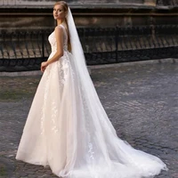 luxury wedding dress tulle o neck exquisite appliques sleeveless a line princess mopping gown vestido de novia for women