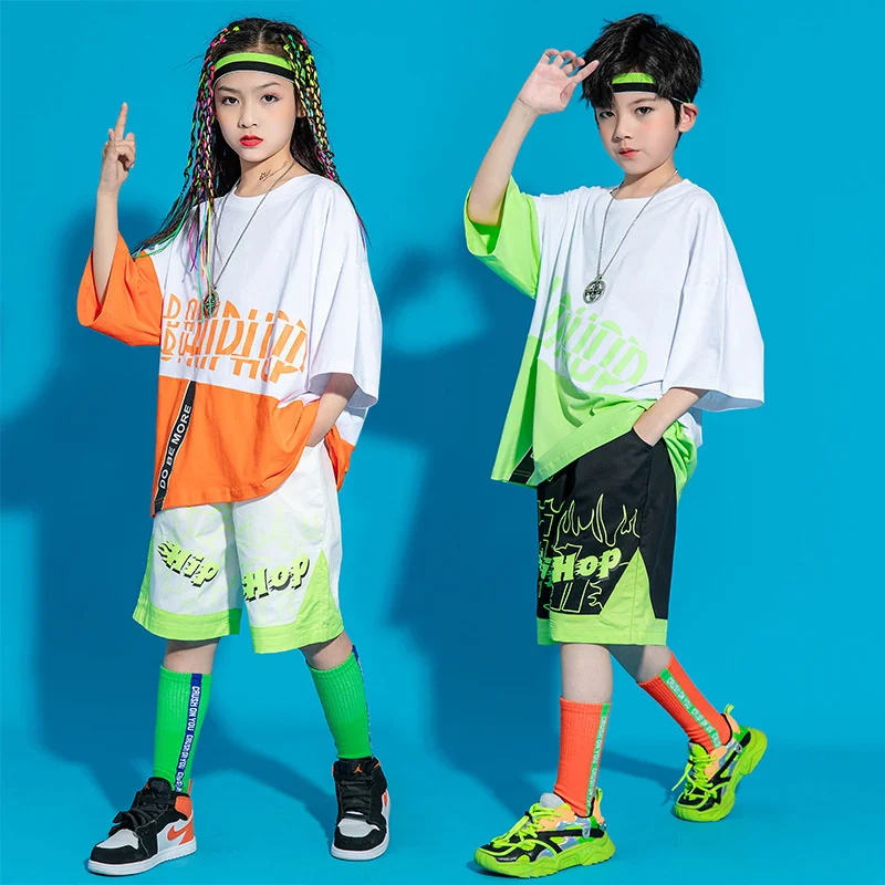 

Children's hip-hop performance clothes Summer Boys and girls hip-hop splicing suit children's loose performance trendy clothes