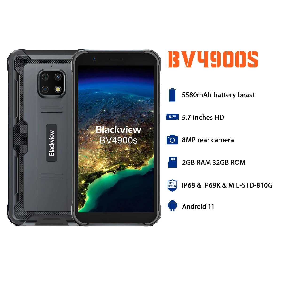 

Blackview BV4900s 2GB RAM 32GB ROM Rugged Smartphone 5580mAh 5.7" Screen Cellphone IP68 Waterproof 5MP/8MP Camera Mobile Phone