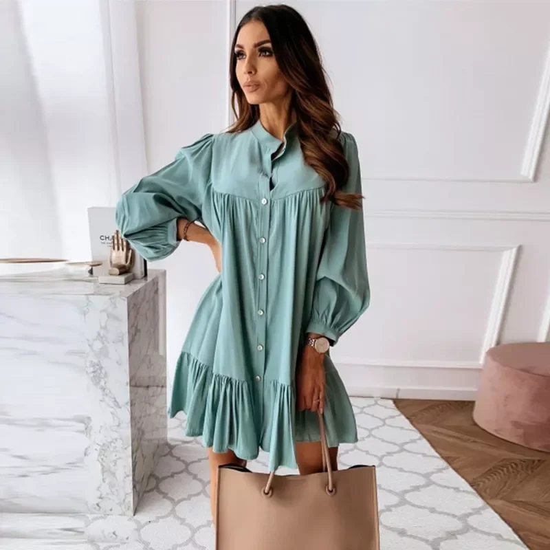 

Women Vintage Ruffled Front Button A-line Dress Long Sleeve Stand Collar Solid Elegant Casual Mini Dress 2021 Autumn New Dress