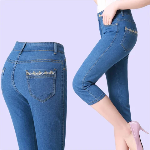 Women's Capri Jeans 2022 Summer Women Casual Streetwear High Waist Cropped Pants Femme Stretch Skinny Calf-Length Denim Pants