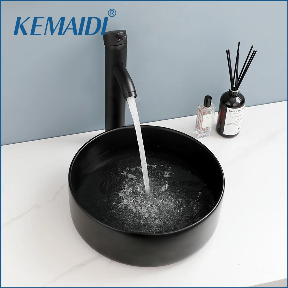 

KEMAIDI Black Bathroom Basin Faucets Set Ceramic Basin Sink Faucet Tap Set Bowl Sinks / Vessel Basins Round Washbasin Deck Mount