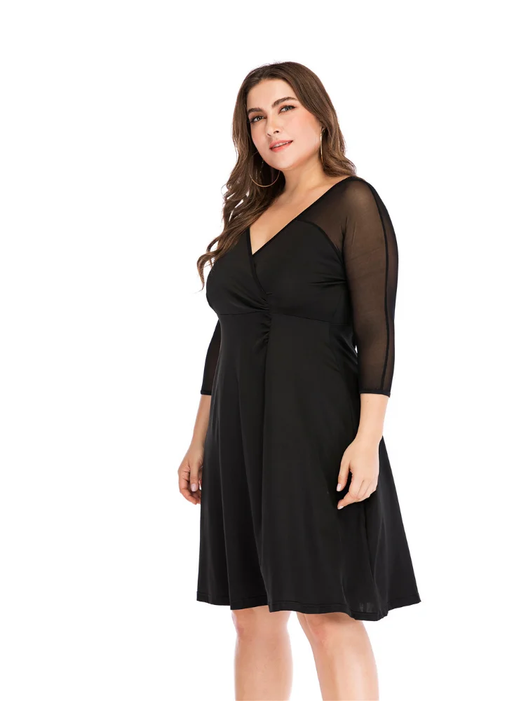 Women's Spring New Mesh Long Sleeve Spliced Solid Color Waist Large Dress plus size women clothing  party dress