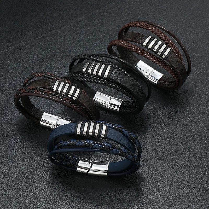

Trendy Genuine Leather Bracelets Men Stainless Steel Multilayer Braided Rope Bracelets for Male Female Bracelets Jewelry