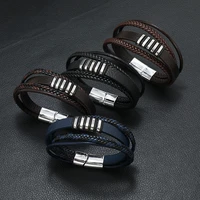 trendy genuine leather bracelets men stainless steel multilayer braided rope bracelets for male female bracelets jewelry