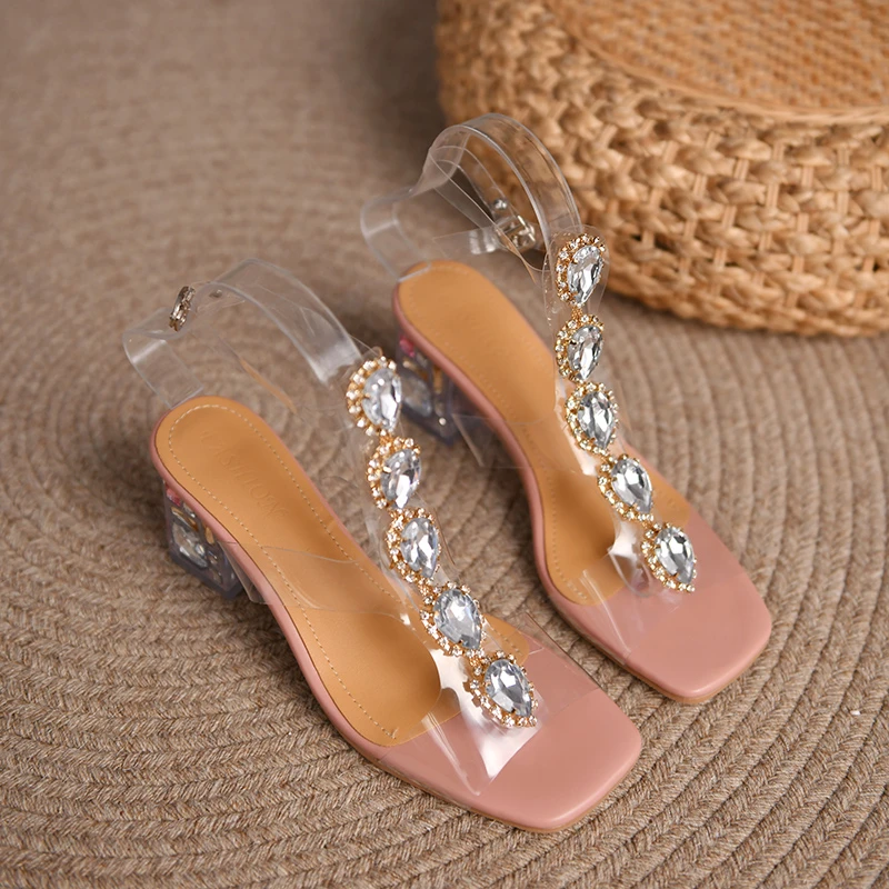 

High Heels Women Sandals 2022 Summer New PVC Thick Crystal High Heels Designer Luxury Women's Shoes Transparent Sexy Slippers