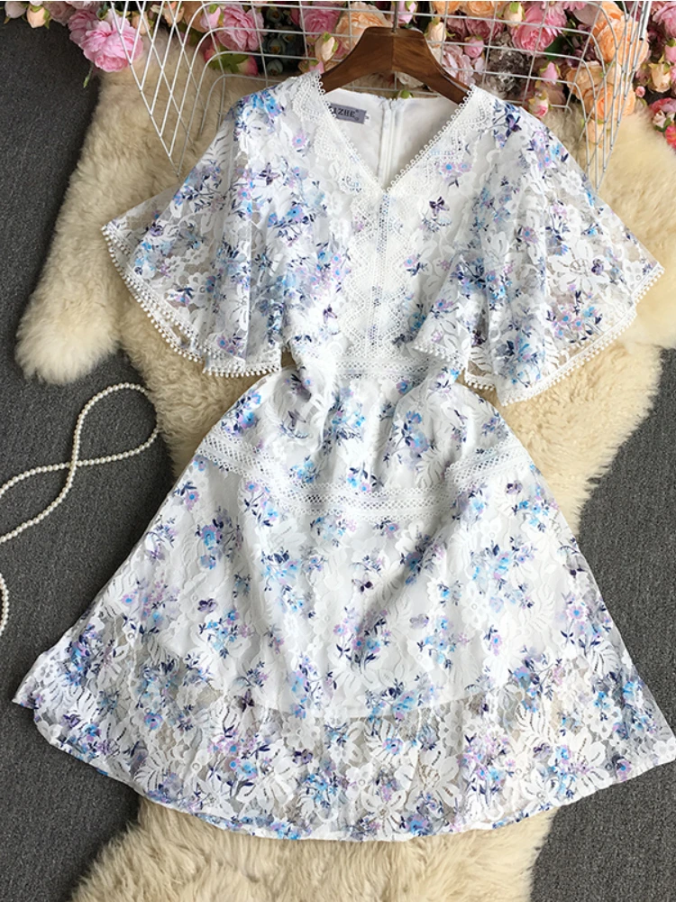 

Fitaylor New Summer Flare Sleeve Short Dress Women Elegant Lace Embroidery Floral Dresses Lady Fashion V-neck A-line Slim Dress