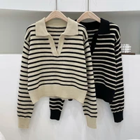 fashion autumn new striped v neck knitted women pullover simple warm sweater female casual jumper chic 90s aesthetic tops