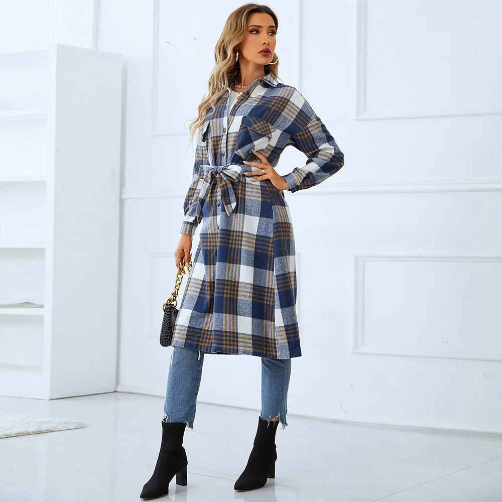 

Женское модное длинное пальто в клетку, осенняя рубашка, пальто, шерстяное пальто, уличная одежда, женская одежда, Свободное пальто, женская ...