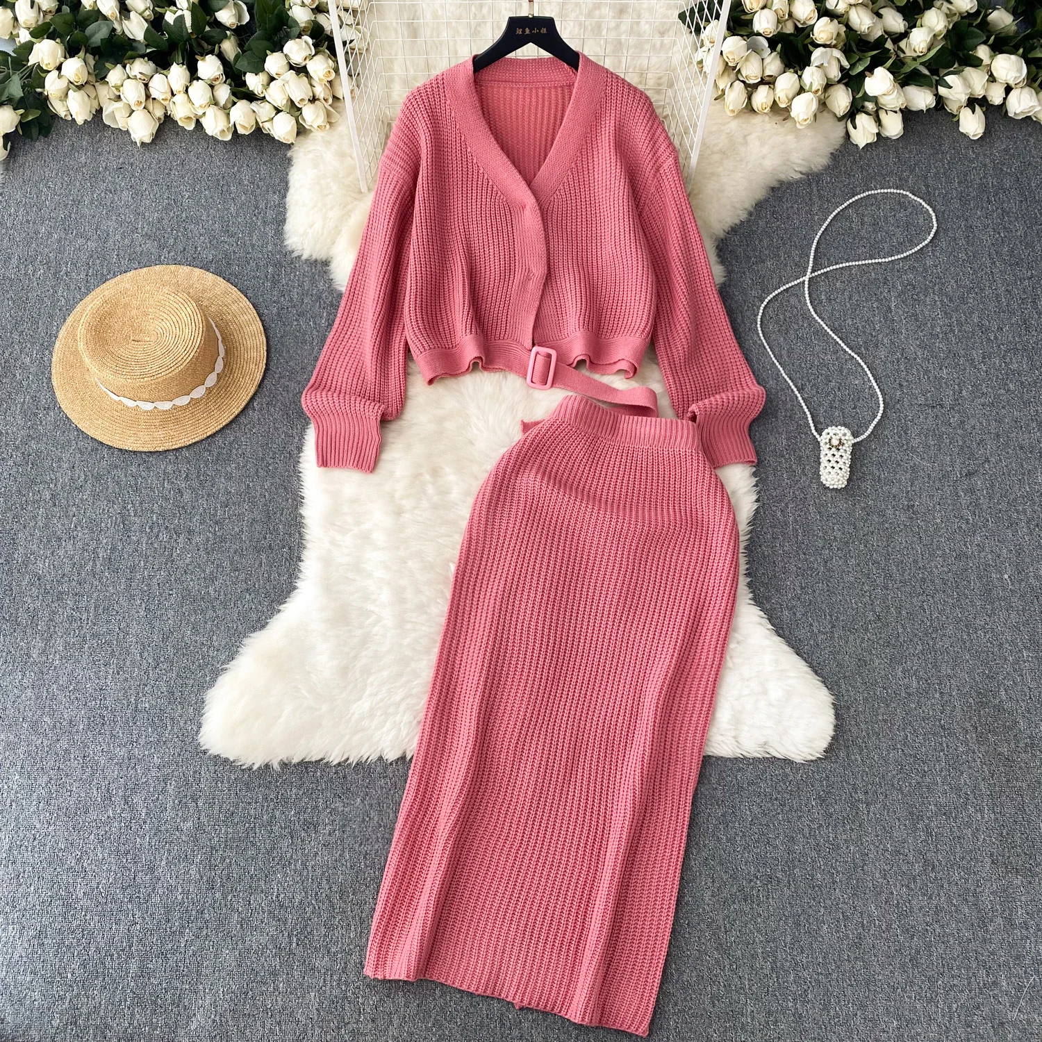 

Women Winter Korean Style Knit V Neck Sweater+High Waist Maxi Skirts Two Pieces Suits Clothing Soild Office Lady Outfits