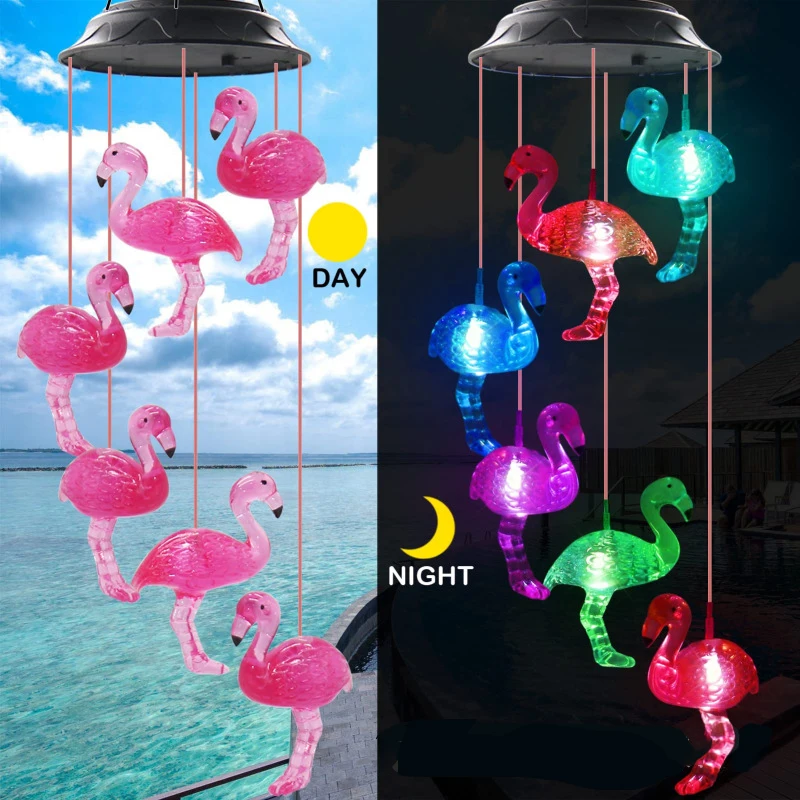 

Pink flamingo Solar Led Wind Chimes Lights Pendant Outdoor Balcony Yard Waterproof Color Changing Decor elephant Cat Lover Gift