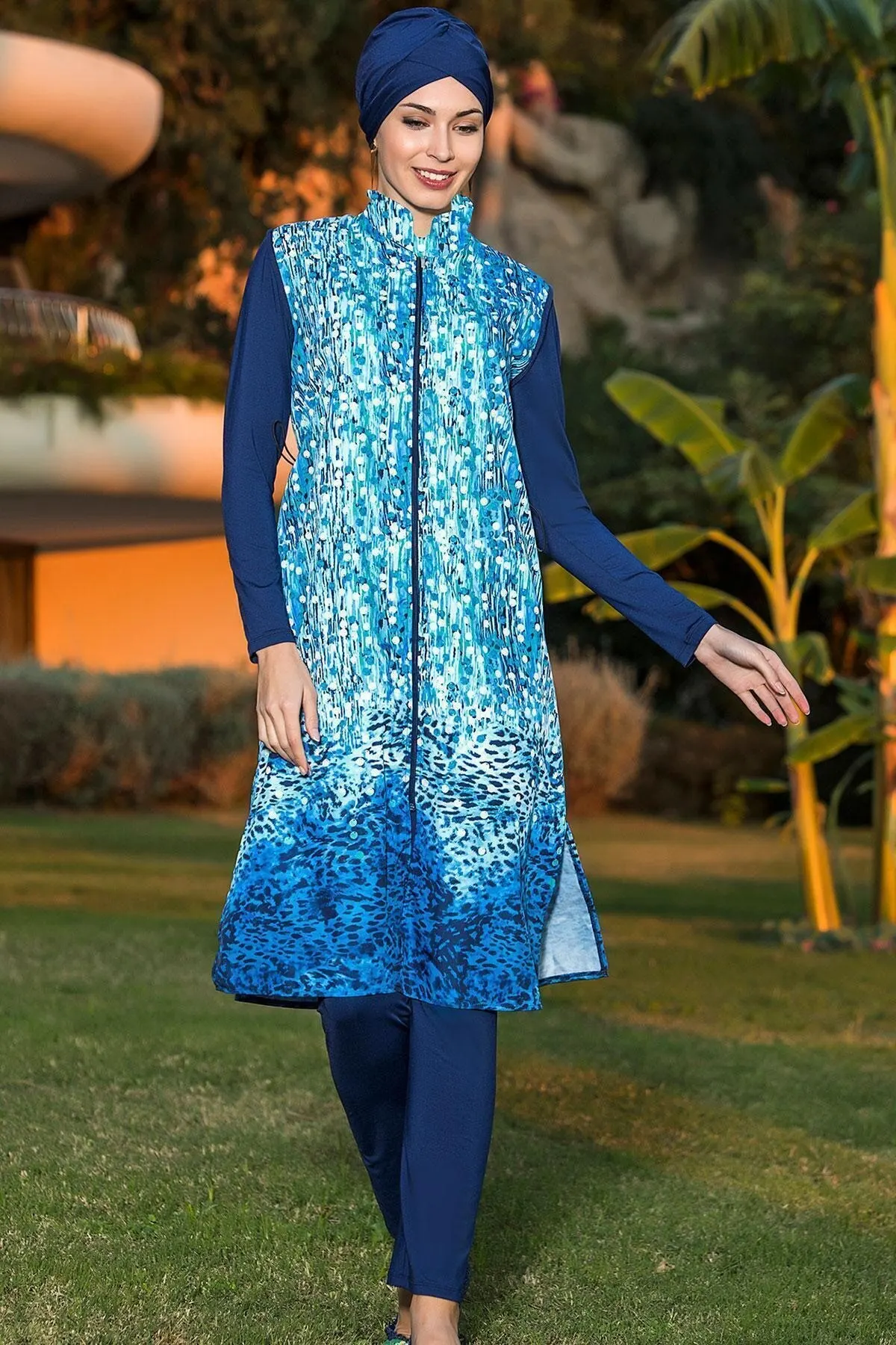 

Мусульманский темно-синий тканый купальник, скромная летняя одежда, хиджаб, спортивный купальник, Мусульманский купальник с полным покрыти...