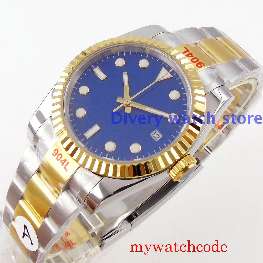 

Auto Date Golden Fluted Bezel Oyster Bracelet Two Tone Automatic Men‘s Watch NH35A Movement Sterile Blue Dial Sapphire Crystal