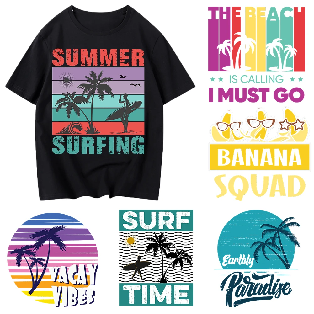 New fashion Sea beach Iron On Heat Transfer Stickers For Clothes DTF Pinted Vinyl Thermal Appliques Washable T-Shirt Decal