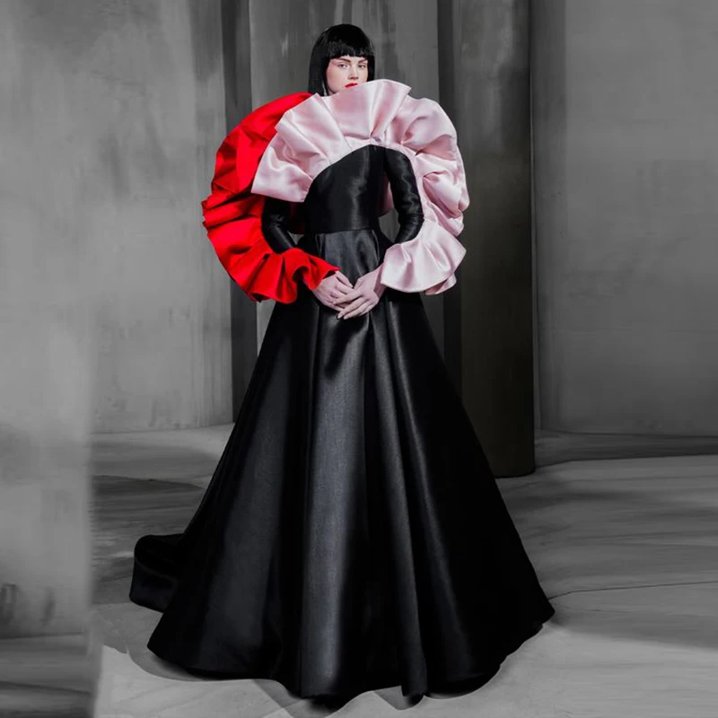 

Saudi Arabia Ruffles Long Sleeves Evening Gowns Satin A Line Scalloped Neckline Dubai Prom Dresses Robe De Soiree Party Dress