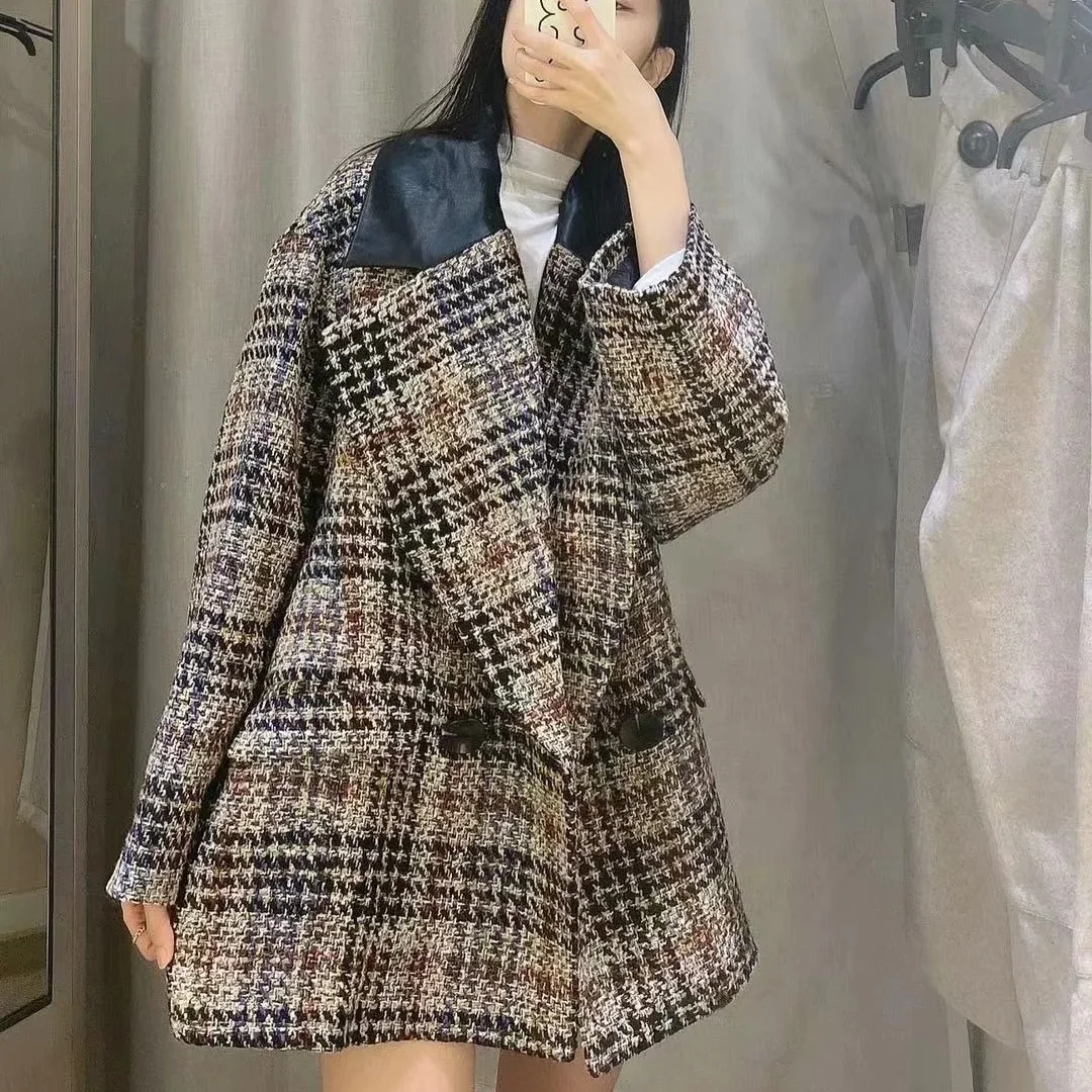 

JUNWU Spring Autumn Women's Khaki Plaid Stitching Suit Woolen Suit Jacket Double Button Loose Pocket Long Sleeve Retro British