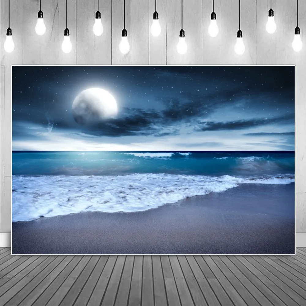 

Dawn Ocean Beach Waves Full Moon Photography Backgrounds Summer Seaside Dark Clouds Sands Stars Backdrops Photographic Portrait