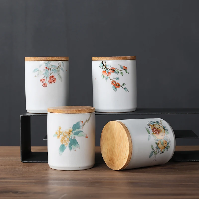 

European-style Ceramic Jewelry Cotton Swab Box Cylindrical Tea Can with Wooden Lid Home Candy Nut Storage Jar Storage Container