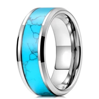 fashion 8mm men silver color tungsten wedding ring blue zircon stone inlaid polished flat ring for men wedding band jewelry