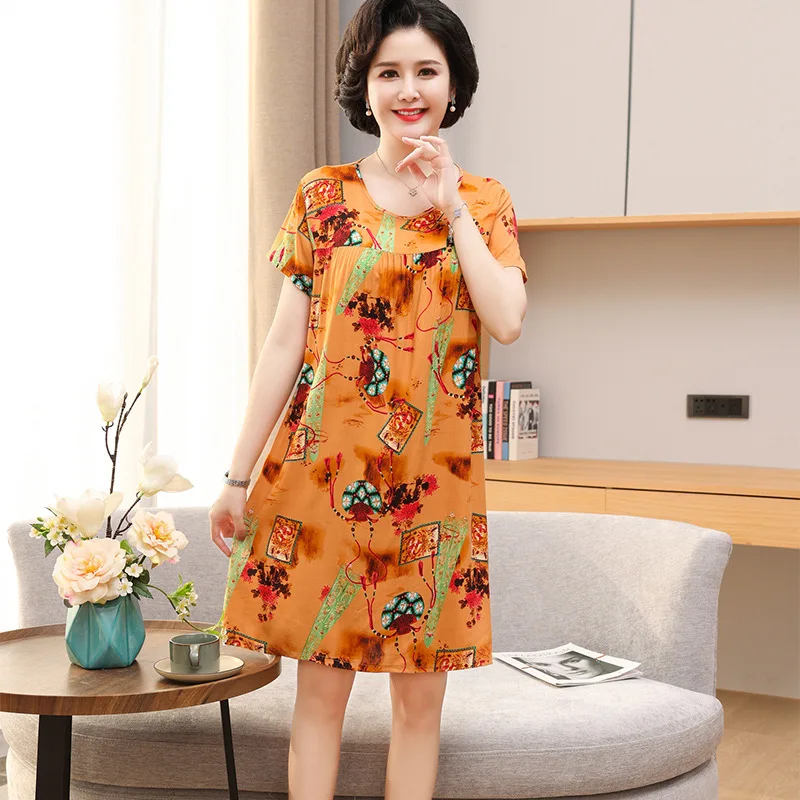 

Women's Mother Print Floral Nightgown Casual O-Neck Short Sleeve Nightdress Summer Loose Knee-Length Sleepshirts Lingerie Dress