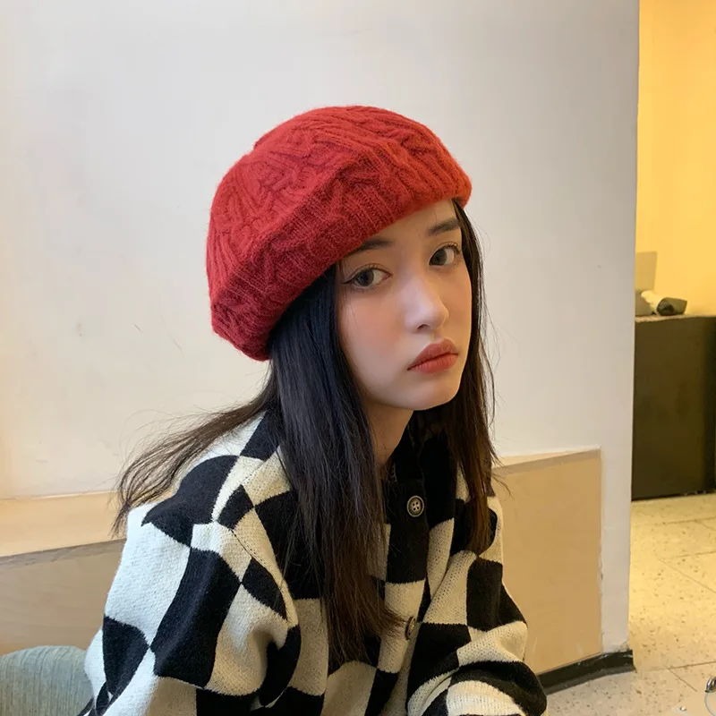 

2022 Korean Beret Hat Autumn and Winter Knitted Cap Literary Acrylic Caps for Women French Fashion Boinas Painter Caps