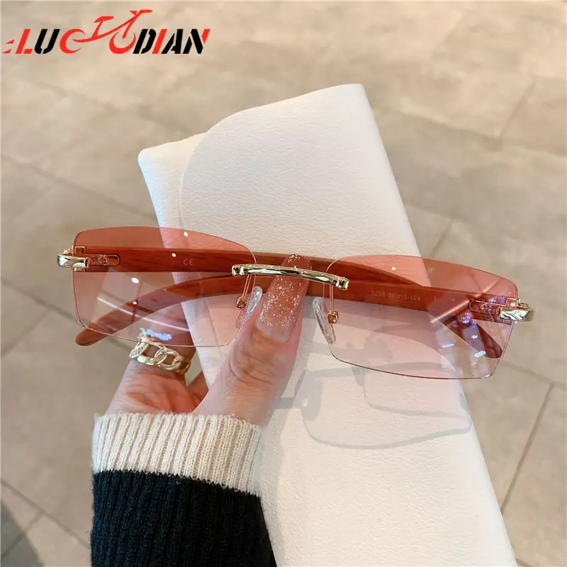 

Fashion Blue Pink Gold Metal Uv Protection Eyewear Frameless Rectangular Gradient Eyeglasses Fashion Frameless Sunglasses Shades