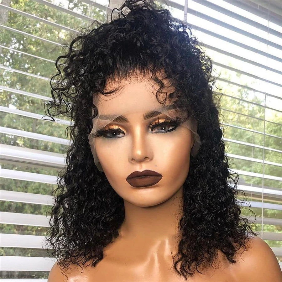 

Soft Natural Black Short Bob Glueless 180% Density Kinky Curly Preplucked Deep Lace Front Wig For Women BabyHair Daily Cosplay